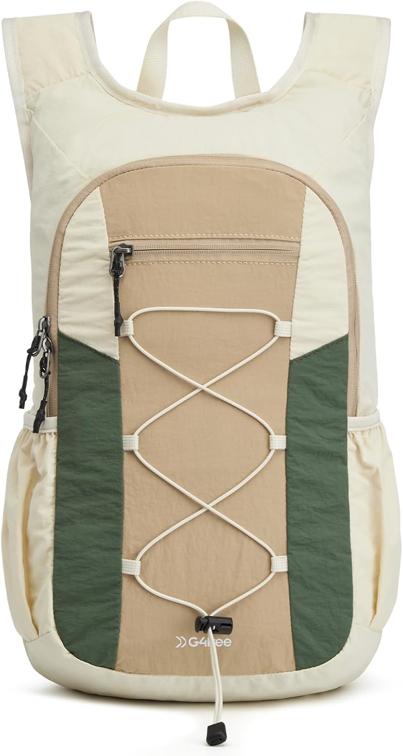 G4Free 20L Hiking Backpack Lightweight Daypack with Phone Pocket Small Packable Foldable Hiking Bag for Women Men, Green+Beige