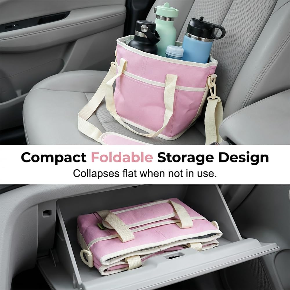 4 Compartment Drink Carrier Bag Family Size Insulated Water Bottle Holder & Tumbler Tote with Adjustable Strap Nylon Organizer Caddy with Front Pocket for Travel, Picnic No-Spill (Black + Pink)
