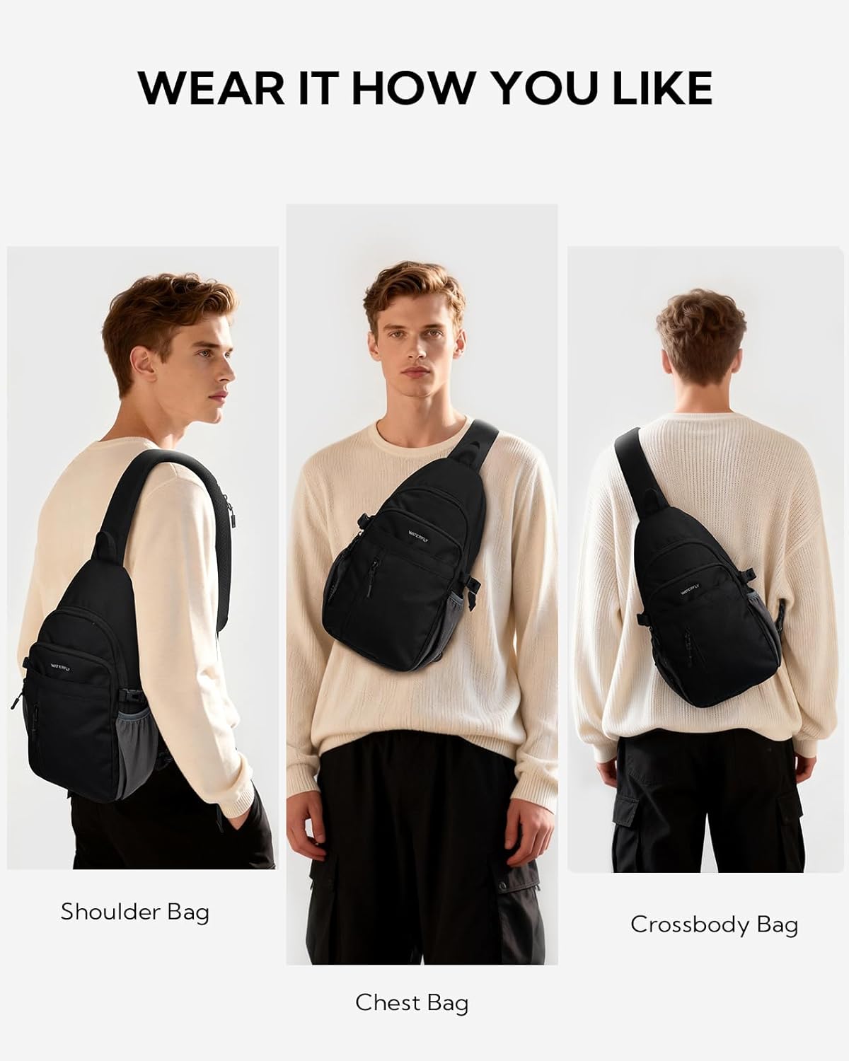 WATERFLY Small Crossbody Sling Bag: RFID Sling Backpack Chest Bag Travel Shoulder Multiple Pockets Hiking Daypack for Man Woman Black