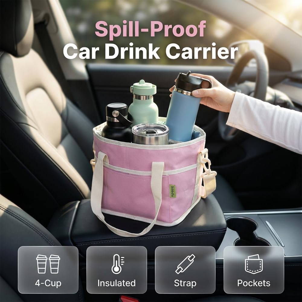 4 Compartment Drink Carrier Bag Family Size Insulated Water Bottle Holder & Tumbler Tote with Adjustable Strap Nylon Organizer Caddy with Front Pocket for Travel, Picnic No-Spill (Black + Pink)