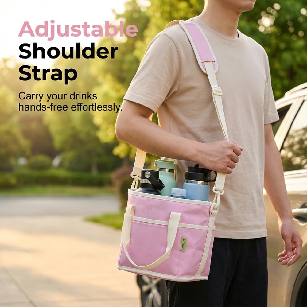 4 Compartment Drink Carrier Bag Family Size Insulated Water Bottle Holder & Tumbler Tote with Adjustable Strap Nylon Organizer Caddy with Front Pocket for Travel, Picnic No-Spill (Black + Pink)
