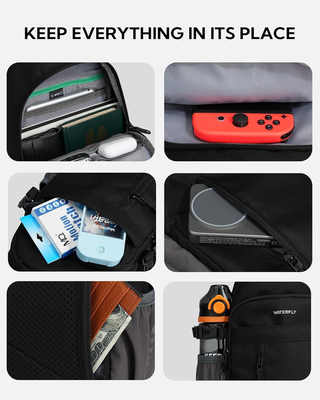 WATERFLY Small Crossbody Sling Bag: RFID Sling Backpack Chest Bag Travel Shoulder Multiple Pockets Hiking Daypack for Man Woman Black