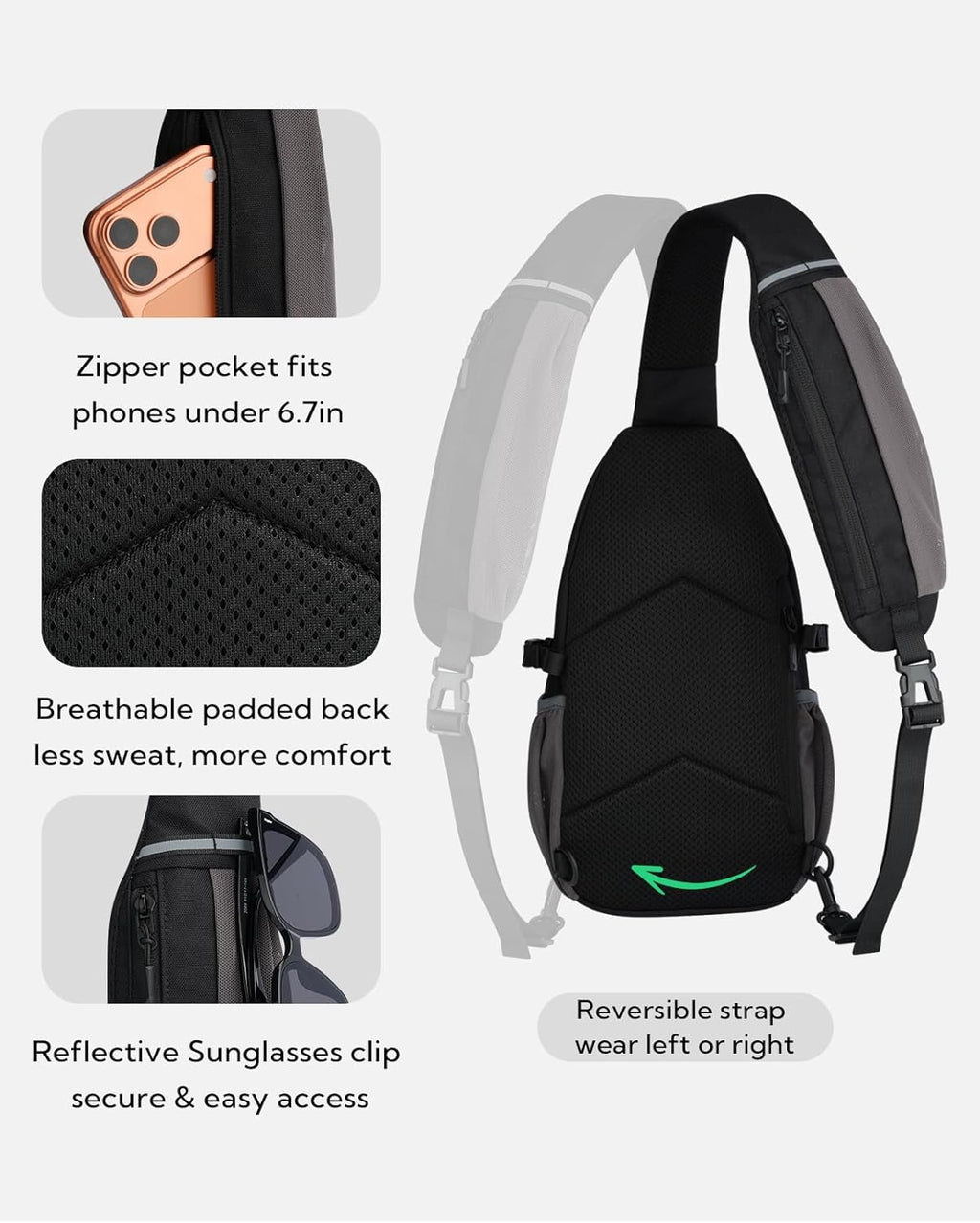 WATERFLY Small Crossbody Sling Bag: RFID Sling Backpack Chest Bag Travel Shoulder Multiple Pockets Hiking Daypack for Man Woman Black
