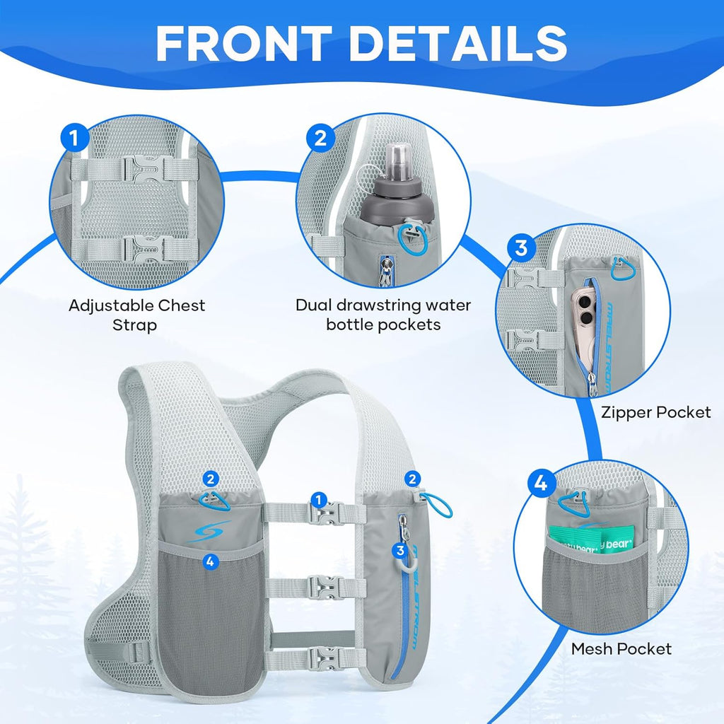 Maelstrom Running Vest for Women Men,Adjustable & Lightweight Reflective Hydration Vest with 500ml Soft Flask , Running Backpack for Trail Race, Marathon, Hiking, Cycling Gray