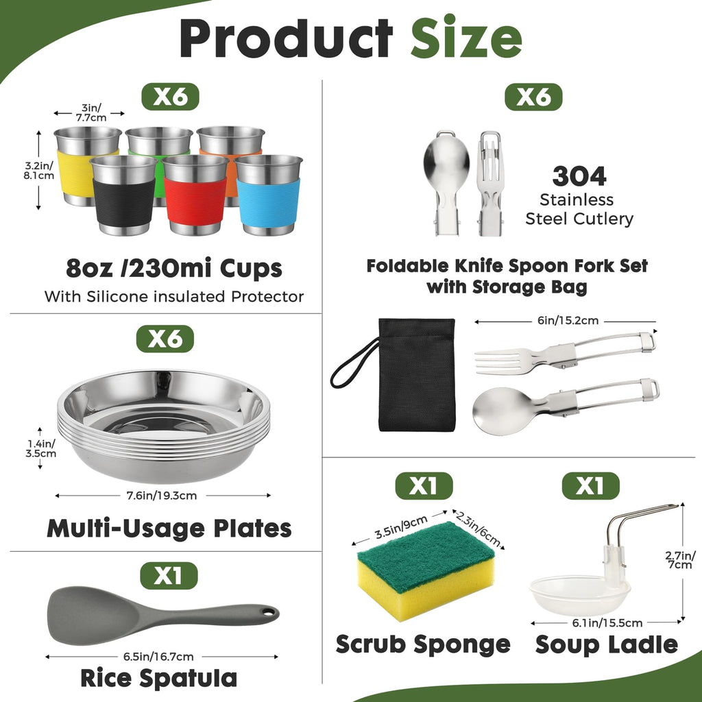 THTYBROS 43-Piece Camping Cookware Set,Large Mess Kit for 6 Persons,with 4.75QT Pot,2.1QT Kettle,Frying Pan,Cups,Utensils and Tableware,Heavy Duty Aluminum Cook Set for Outdoor Camping,Hiking,Picnic