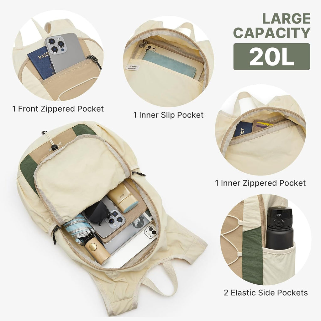 G4Free 20L Hiking Backpack Lightweight Daypack with Phone Pocket Small Packable Foldable Hiking Bag for Women Men, Green+Beige