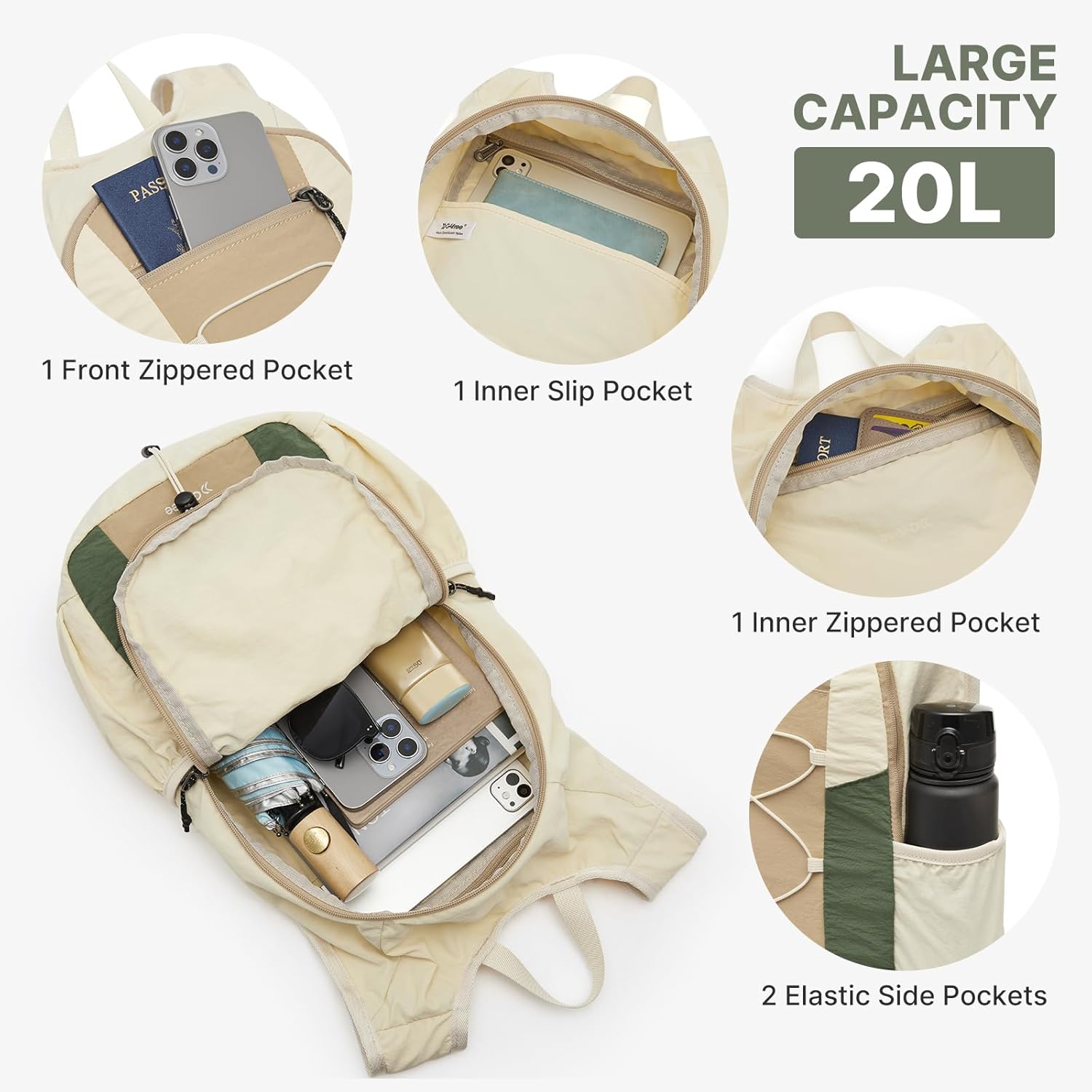 G4Free 20L Hiking Backpack Lightweight Daypack with Phone Pocket Small Packable Foldable Hiking Bag for Women Men, Green+Beige