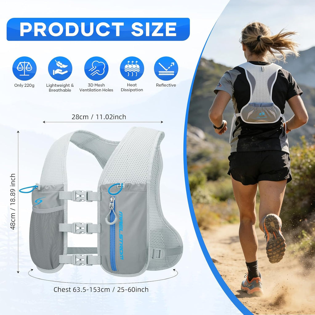 Maelstrom Running Vest for Women Men,Adjustable & Lightweight Reflective Hydration Vest with 500ml Soft Flask , Running Backpack for Trail Race, Marathon, Hiking, Cycling Gray