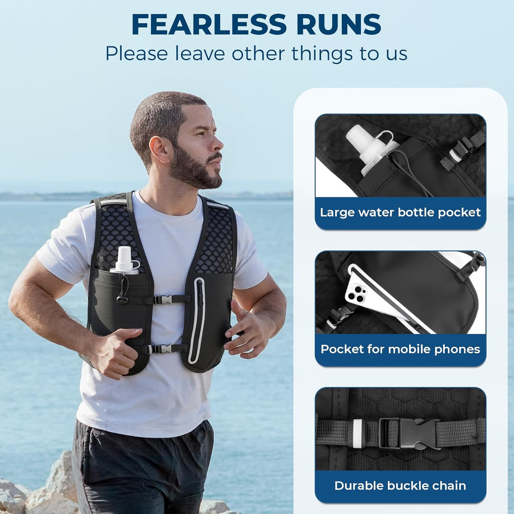 Running Hydration Vest, Adjustable Chest Straps Running Vest for Women Men with 500ml Soft Flask Black size1