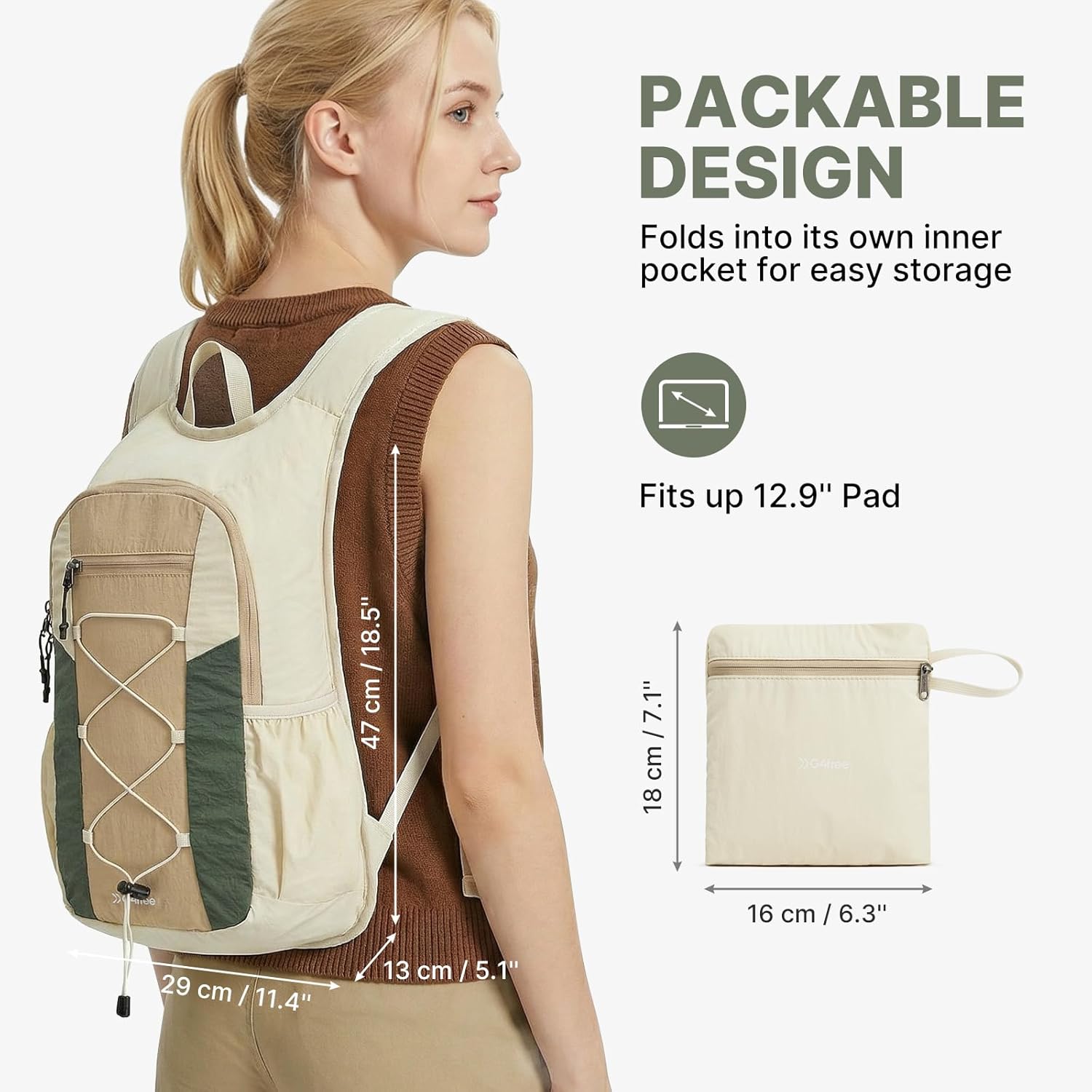 G4Free 20L Hiking Backpack Lightweight Daypack with Phone Pocket Small Packable Foldable Hiking Bag for Women Men, Green+Beige
