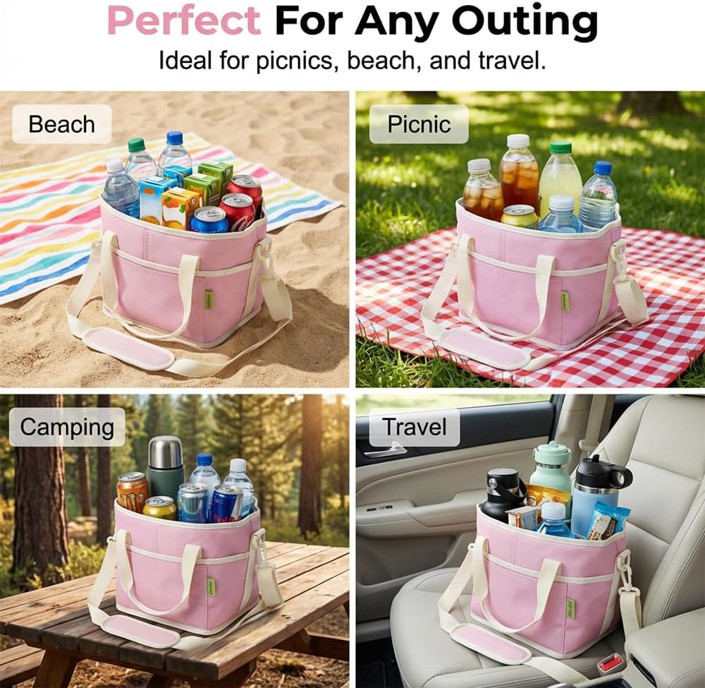 4 Compartment Drink Carrier Bag Family Size Insulated Water Bottle Holder & Tumbler Tote with Adjustable Strap Nylon Organizer Caddy with Front Pocket for Travel, Picnic No-Spill (Black + Pink)