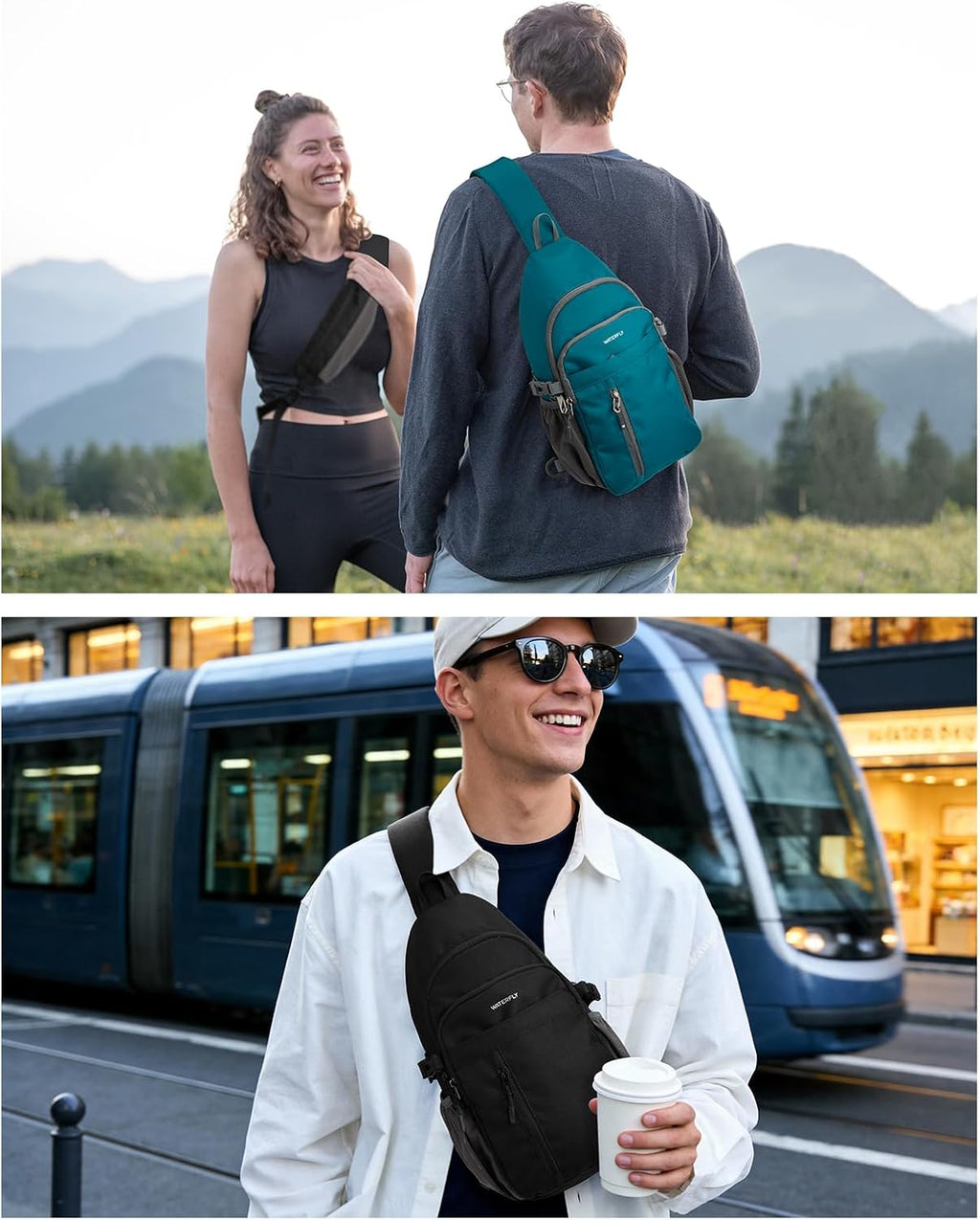 WATERFLY Small Crossbody Sling Bag: RFID Sling Backpack Chest Bag Travel Shoulder Multiple Pockets Hiking Daypack for Man Woman Black