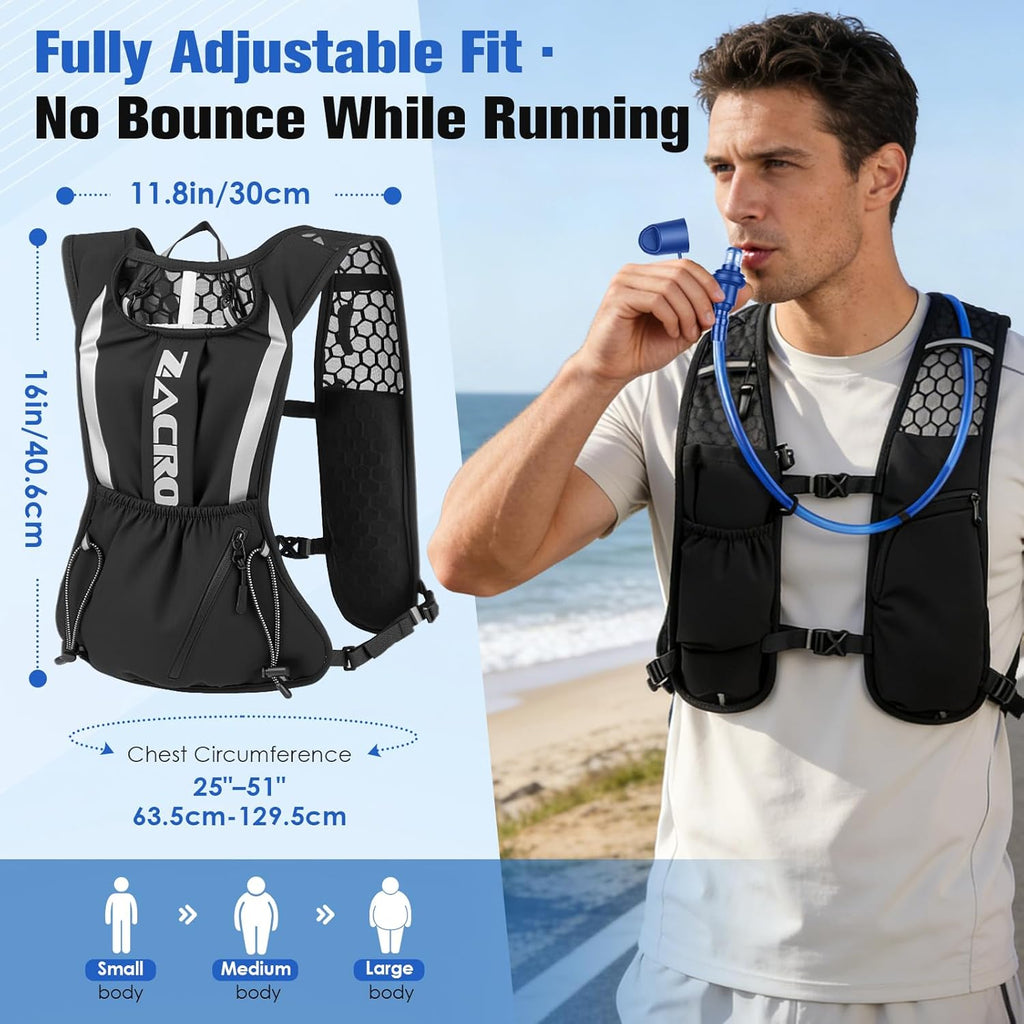 Zacro Running Hydration Vest Backpack, Running Vest with 2L Water Bladder for Men Women, Lightweight Water Backpack for Running, Hiking, Climbing, Camping, Cycling Black
