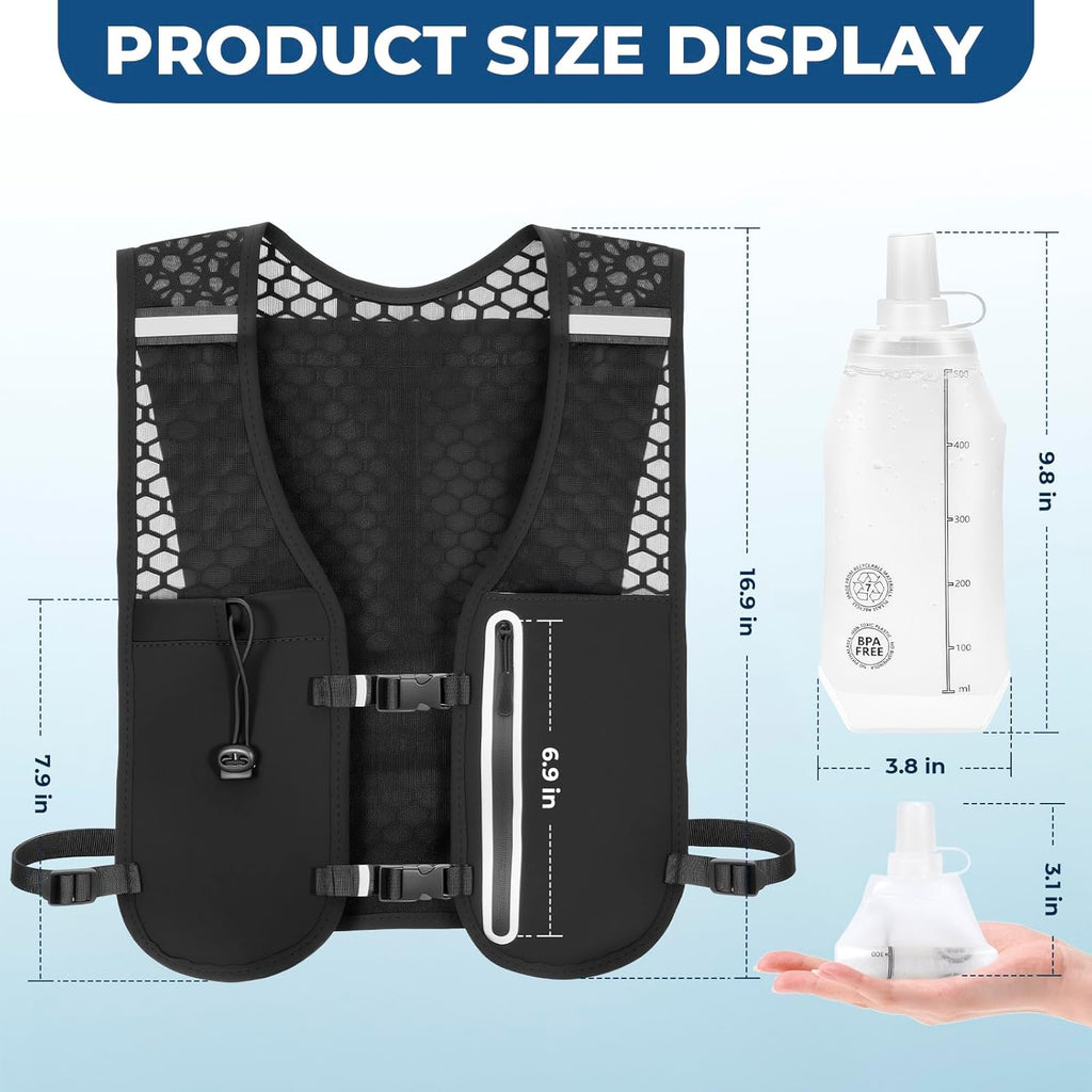Running Hydration Vest, Adjustable Chest Straps Running Vest for Women Men with 500ml Soft Flask Black size1