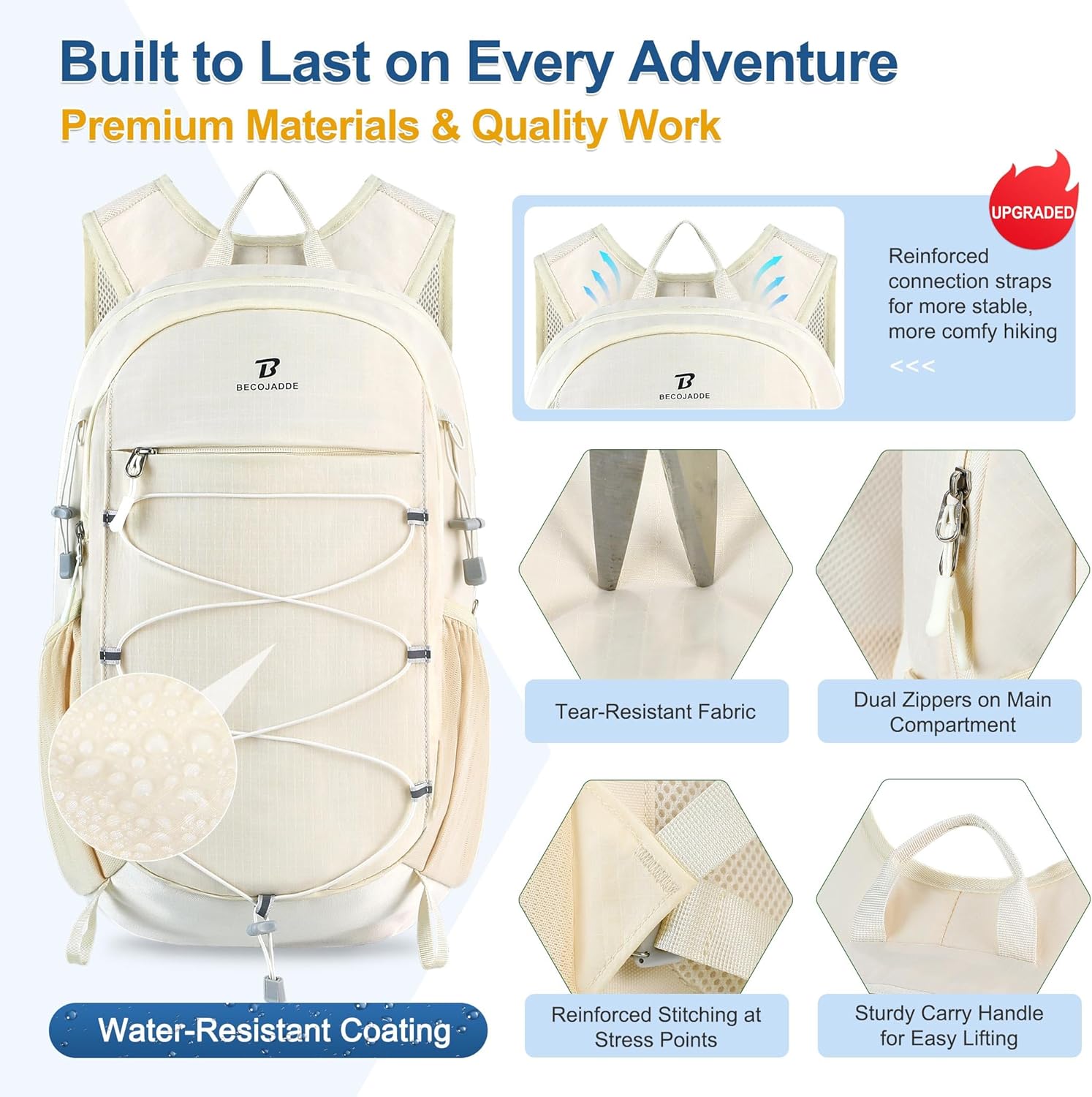 BECOJADDE Hiking Backpack 15L Small Backpack Packable Day pack Water Resistant Lightweight Travel Backpack for Women Men with Shoulder Strap Pockets for Hiking Camping Outdoor, Beige Beige 15L