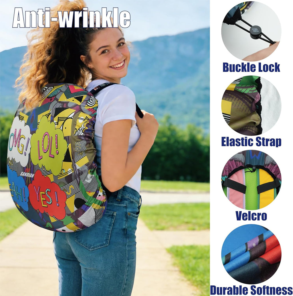SANDIAN, Waterproof Backpack Rain Cover, Reversible, Durable, Omni Direction Stretch One Size Fits Most Multipacks, Silver Reflective and Design, Great for Schooling Commuter Hiking Backpacking OMG