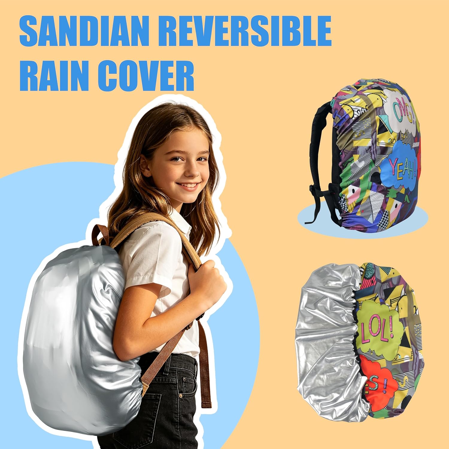 SANDIAN, Waterproof Backpack Rain Cover, Reversible, Durable, Omni Direction Stretch One Size Fits Most Multipacks, Silver Reflective and Design, Great for Schooling Commuter Hiking Backpacking OMG