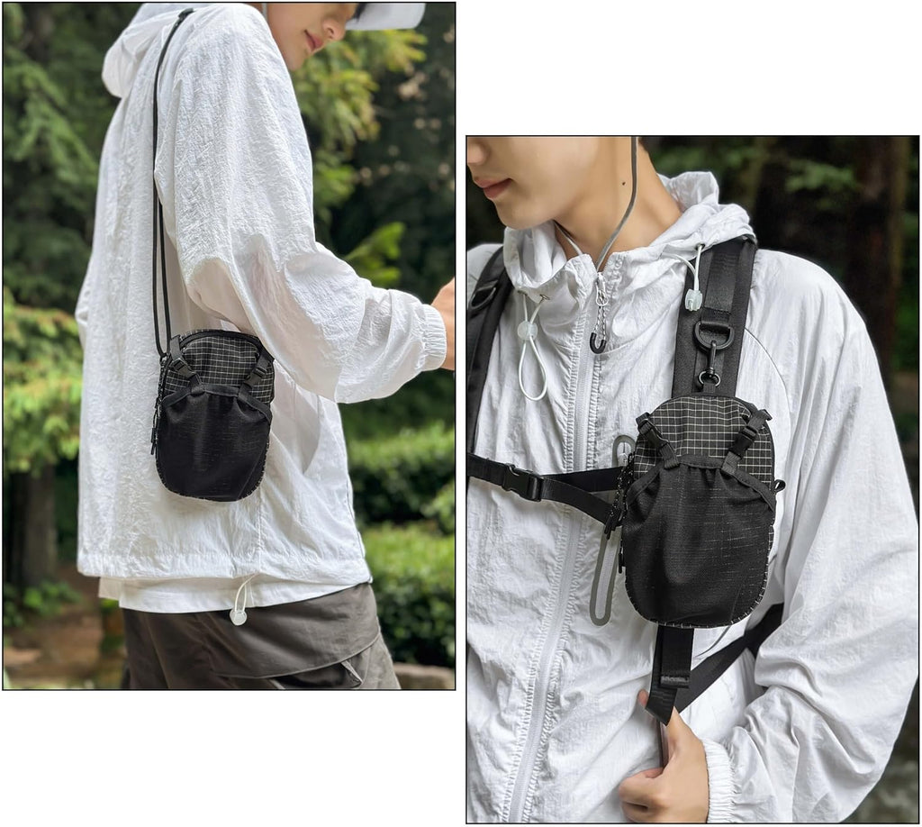 Rugged Backpack Shoulder Strap Pouch, Matte Tactile Phone Pocket for Backpack Strap, Water-Resistant Tactical Crossbody Bag for Men Women, Large Phone Holster for Hiking & Professional Travel (Black)