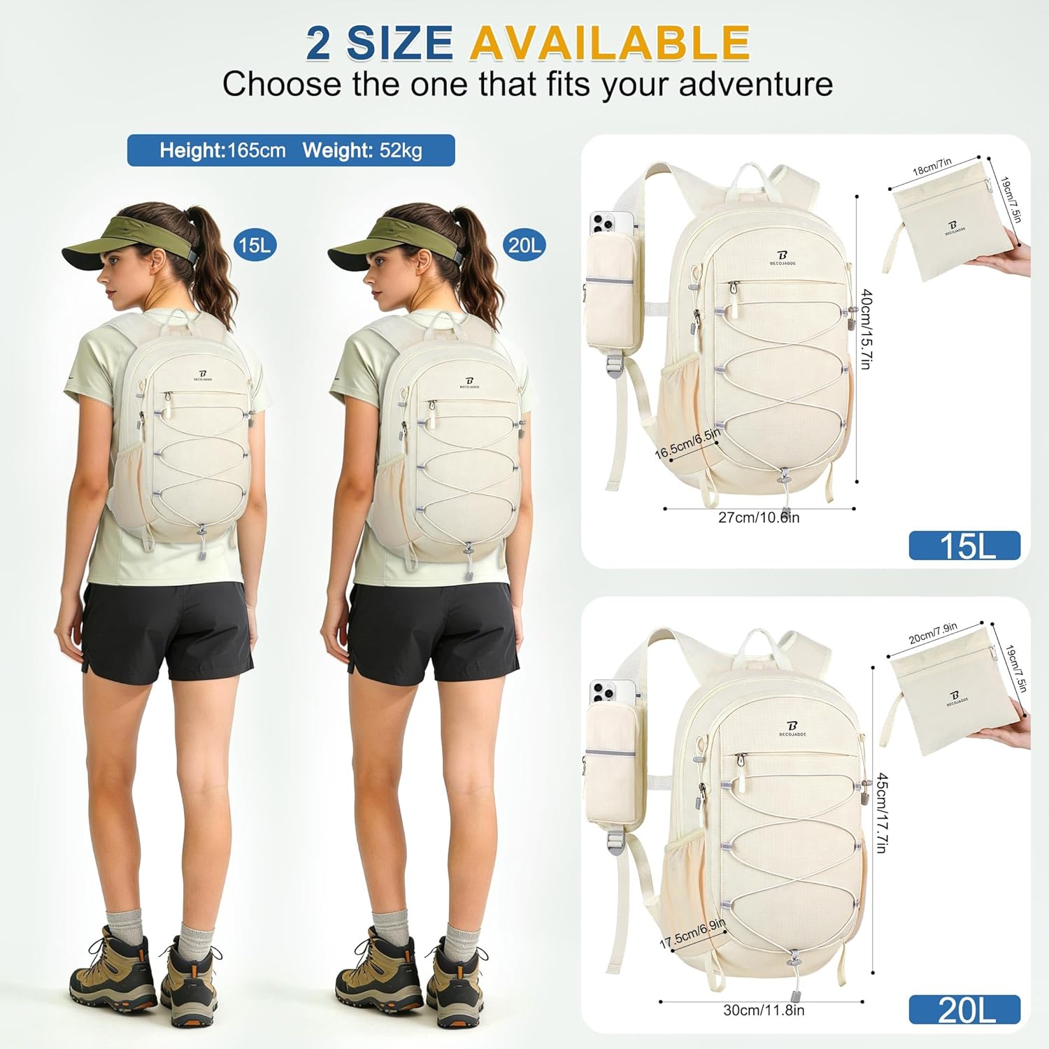 BECOJADDE Hiking Backpack 15L Small Backpack Packable Day pack Water Resistant Lightweight Travel Backpack for Women Men with Shoulder Strap Pockets for Hiking Camping Outdoor, Beige Beige 15L