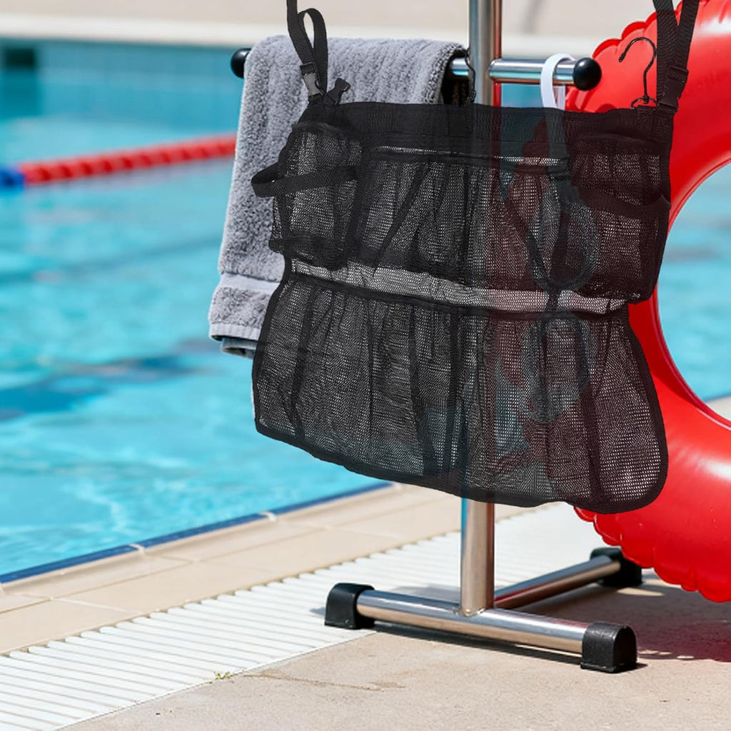 FUOYLOO Trampoline Shoes Bag: Mesh Pocket for Glasses/Water Bottle - Hanging Trampoline Poolside Sundries Holder for Pool Use, Fast Drying & Breathable Fabric, 24x20 Inch
