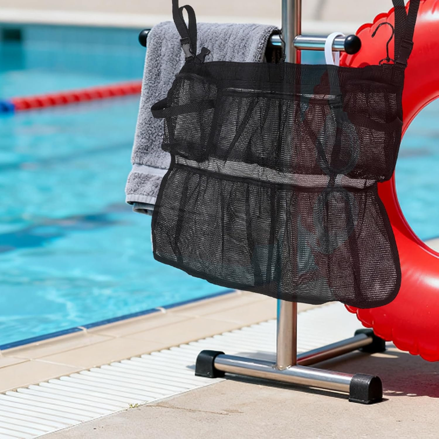 FUOYLOO Trampoline Shoes Bag: Mesh Pocket for Glasses/Water Bottle - Hanging Trampoline Poolside Sundries Holder for Pool Use, Fast Drying & Breathable Fabric, 24x20 Inch