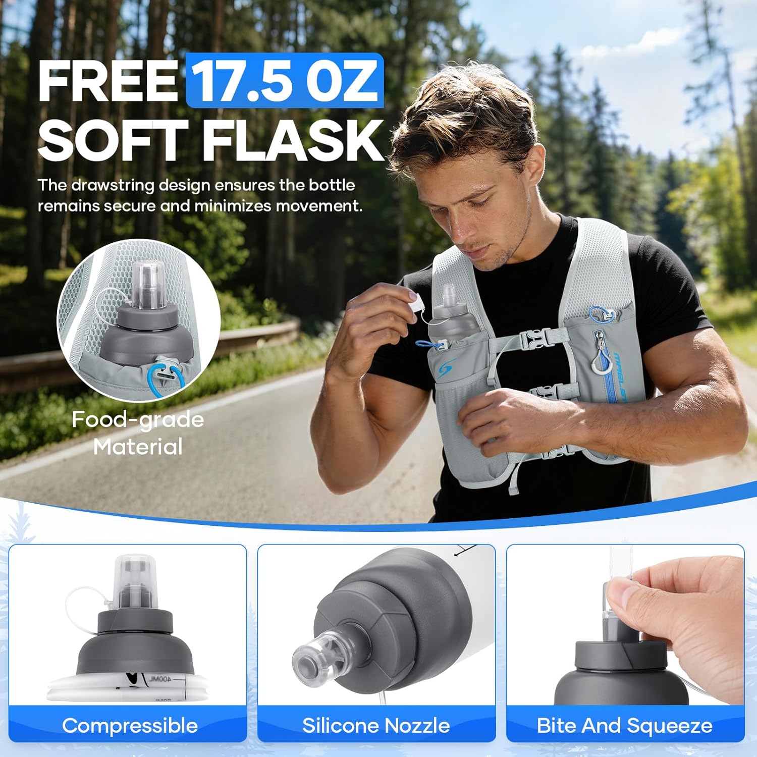 Maelstrom Running Vest for Women Men,Adjustable & Lightweight Reflective Hydration Vest with 500ml Soft Flask , Running Backpack for Trail Race, Marathon, Hiking, Cycling Gray