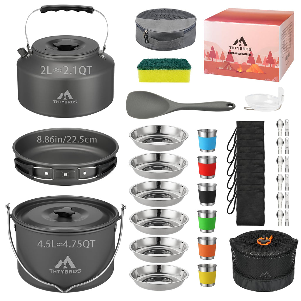 THTYBROS 43-Piece Camping Cookware Set,Large Mess Kit for 6 Persons,with 4.75QT Pot,2.1QT Kettle,Frying Pan,Cups,Utensils and Tableware,Heavy Duty Aluminum Cook Set for Outdoor Camping,Hiking,Picnic