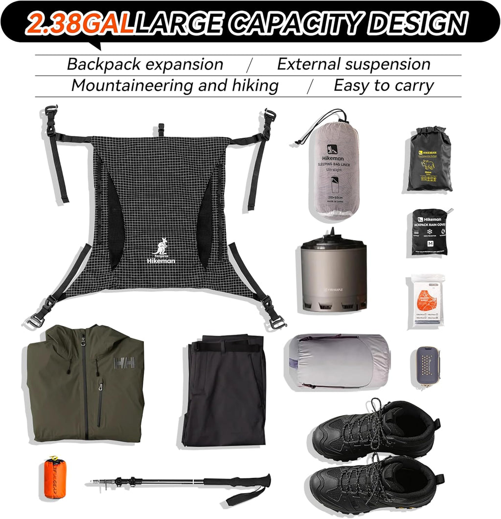 HIKEMAN Kangaroo Pocket Backpack – Large Capacity, Lightweight Breathable Mesh, External Storage Pocket, Waterproof, Adjustable Length, for Climbing, Hiking, Travel (Gray)