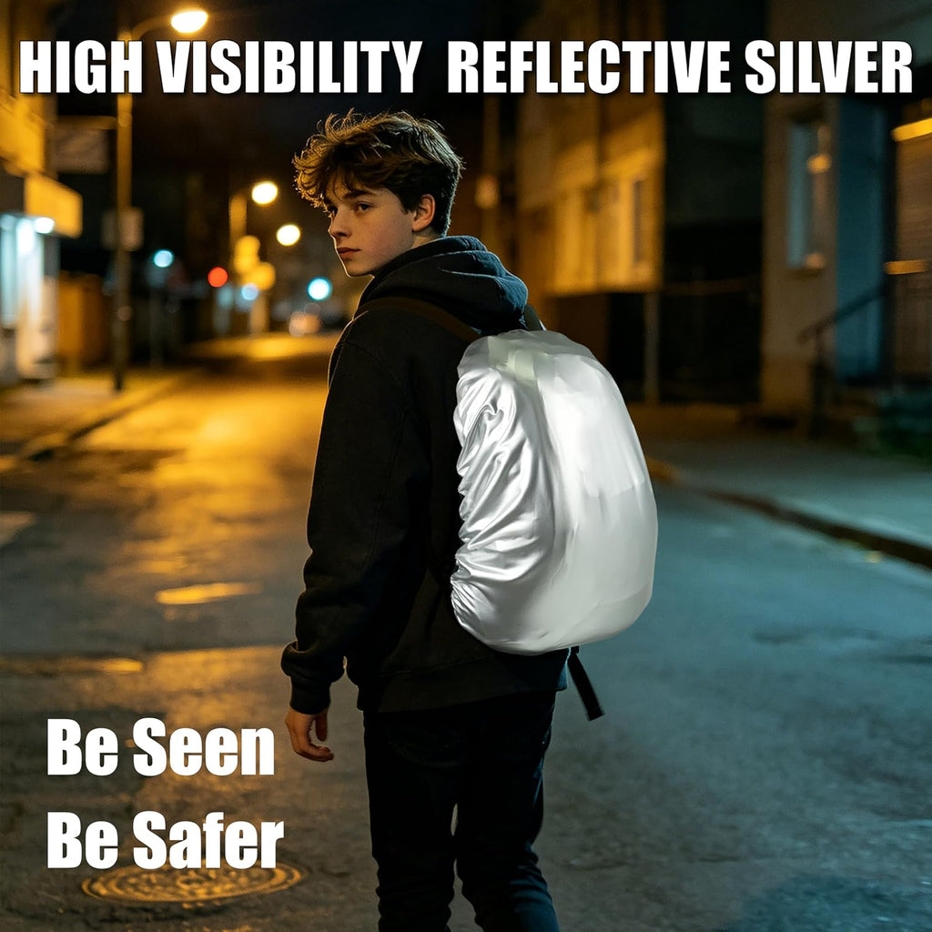 SANDIAN, Waterproof Backpack Rain Cover, Reversible, Durable, Omni Direction Stretch One Size Fits Most Multipacks, Silver Reflective and Design, Great for Schooling Commuter Hiking Backpacking OMG