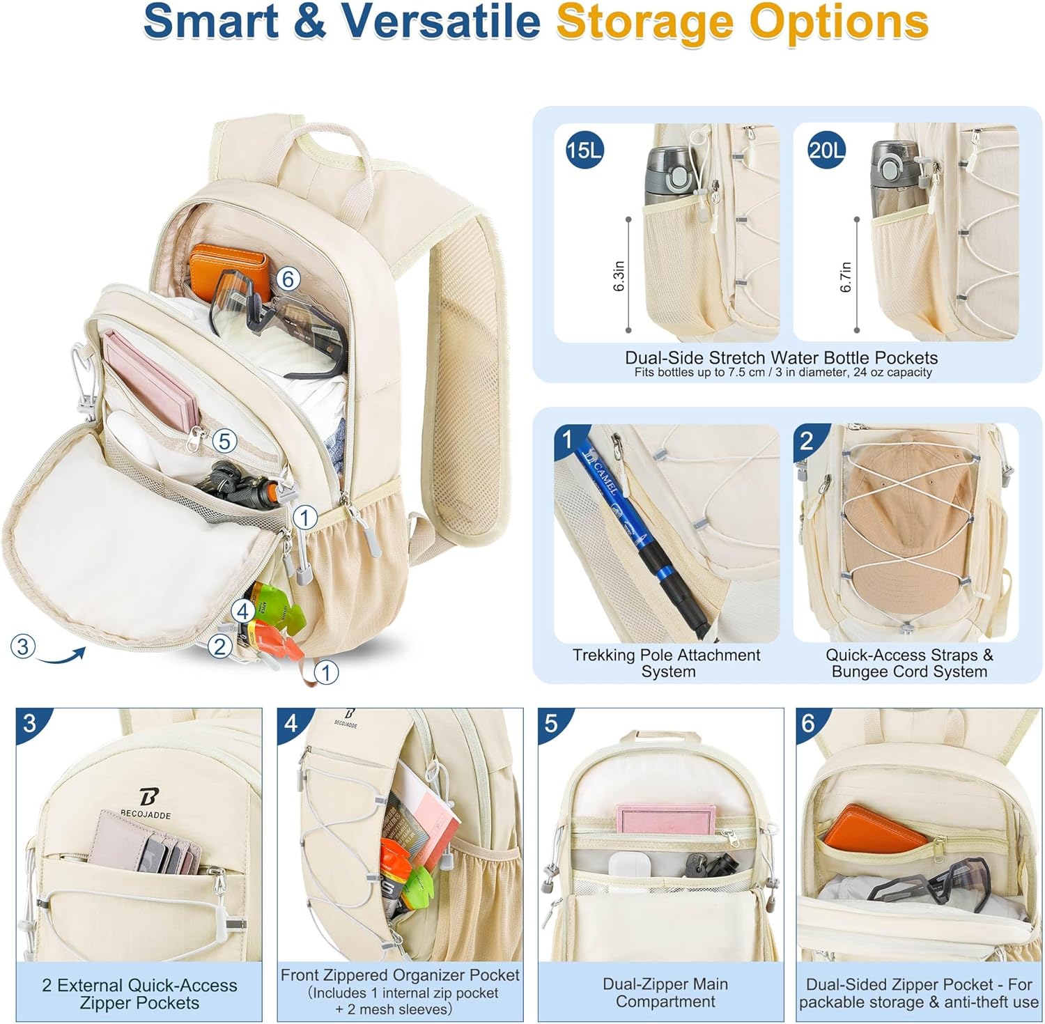 BECOJADDE Hiking Backpack 15L Small Backpack Packable Day pack Water Resistant Lightweight Travel Backpack for Women Men with Shoulder Strap Pockets for Hiking Camping Outdoor, Beige Beige 15L