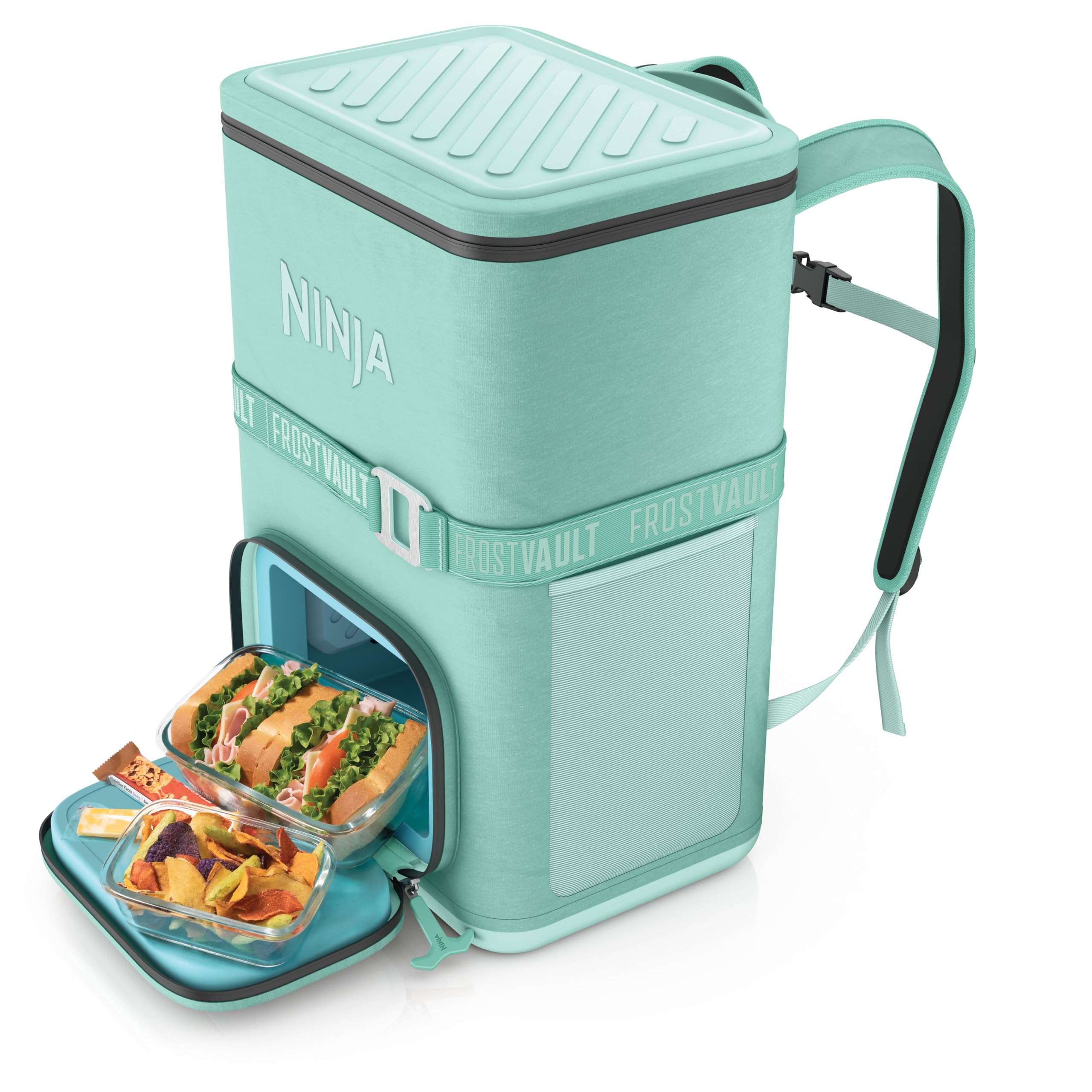 Ninja Backpack Cooler | FrostVault Go 24 Can Soft Cooler | Leakproof Zipper with Built in Can Opener, 2 Ice Packs & Dry Storage Drawer | for Hiking, Camping & More | Halocline Green | FF124TL