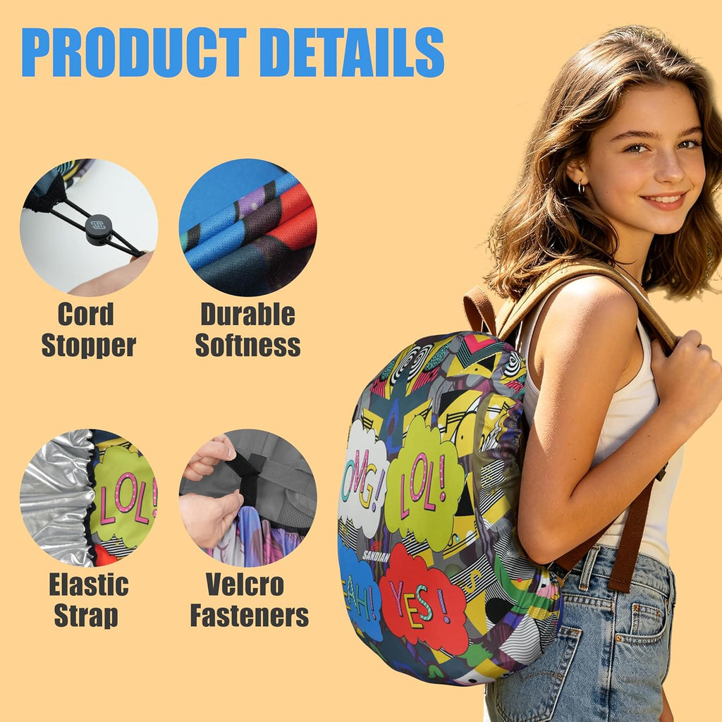 SANDIAN, Waterproof Backpack Rain Cover, Reversible, Durable, Omni Direction Stretch One Size Fits Most Multipacks, Silver Reflective and Design, Great for Schooling Commuter Hiking Backpacking OMG