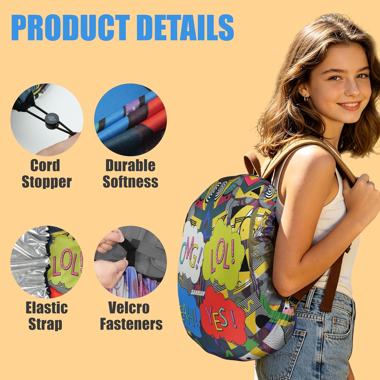 SANDIAN, Waterproof Backpack Rain Cover, Reversible, Durable, Omni Direction Stretch One Size Fits Most Multipacks, Silver Reflective and Design, Great for Schooling Commuter Hiking Backpacking OMG
