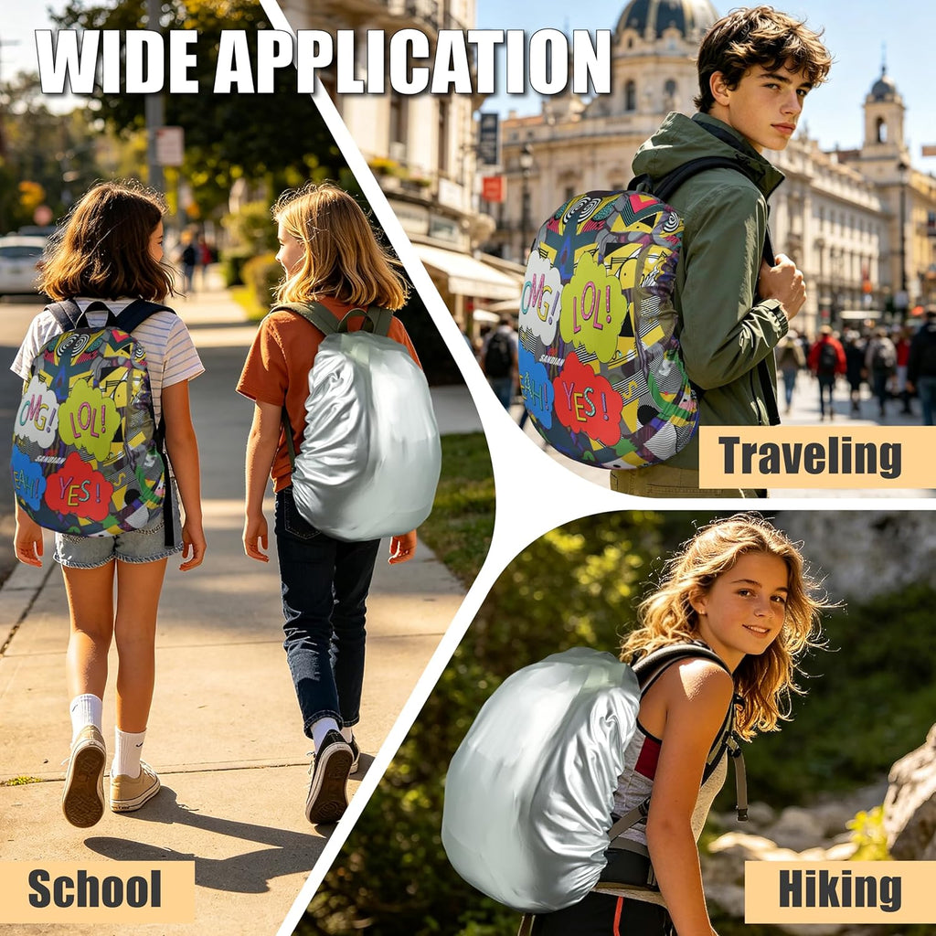 SANDIAN, Waterproof Backpack Rain Cover, Reversible, Durable, Omni Direction Stretch One Size Fits Most Multipacks, Silver Reflective and Design, Great for Schooling Commuter Hiking Backpacking OMG